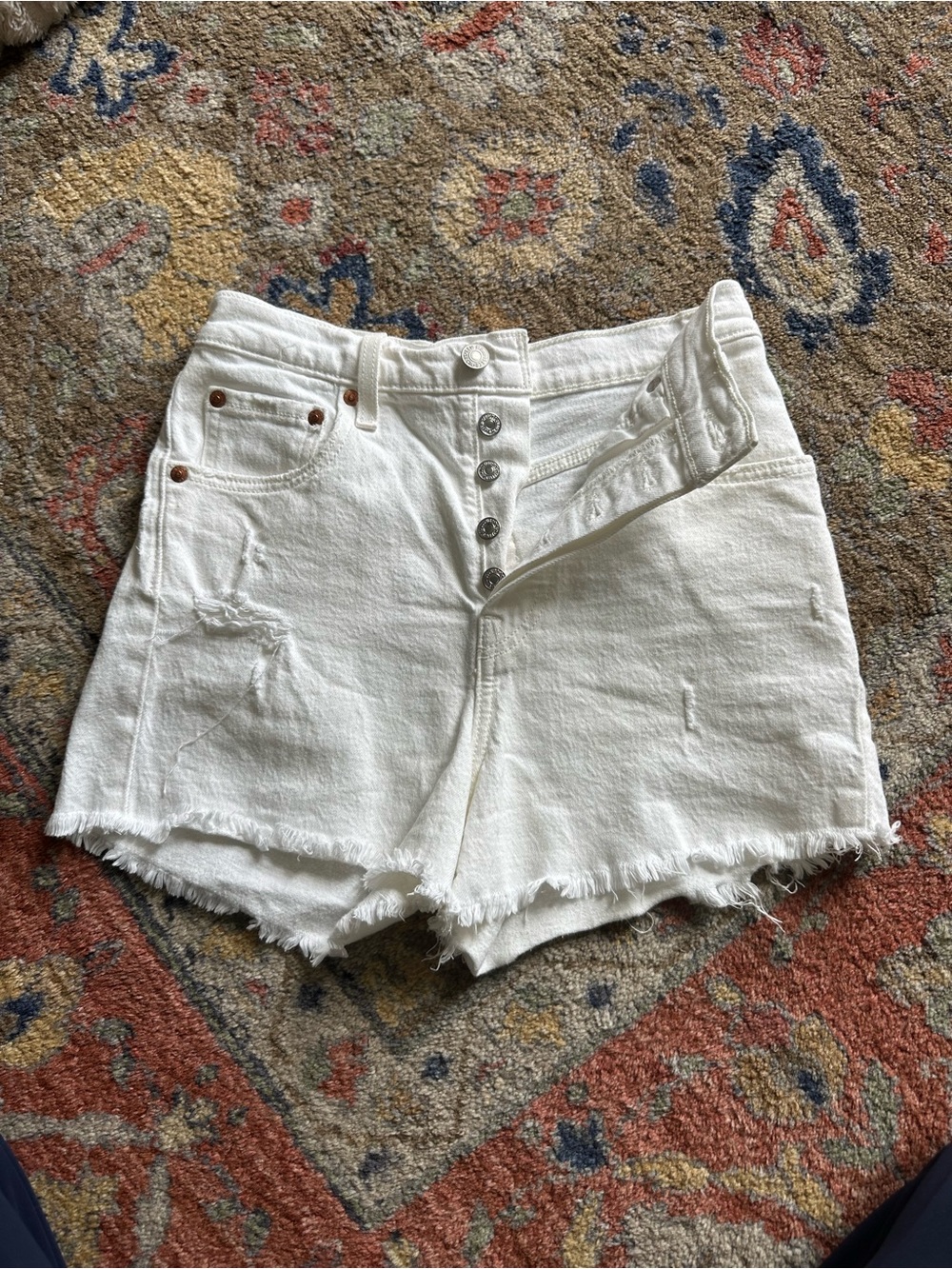 Levi's White Frayed Ribcage Denim Shorts - Picture 2 of 6
